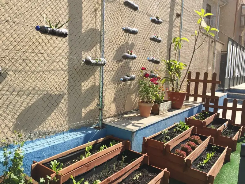 Huerto del colegio, con jardineras de madera y macetas